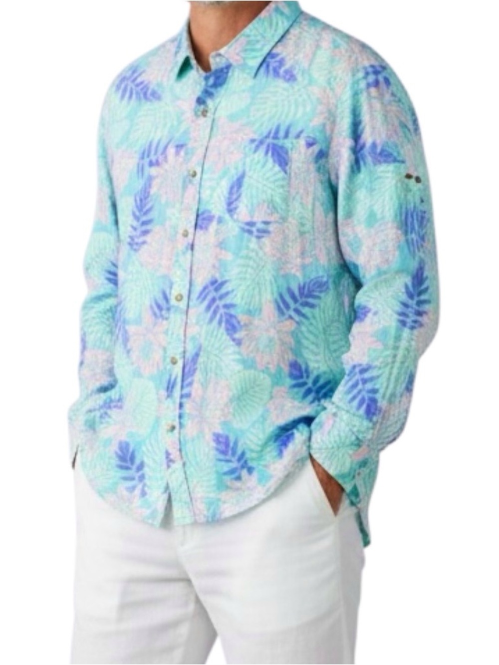 Ocean & Coast Shirt Men’s 2XL 100% Linen Button Up Roll Tab Aqua Tropical Pocket
